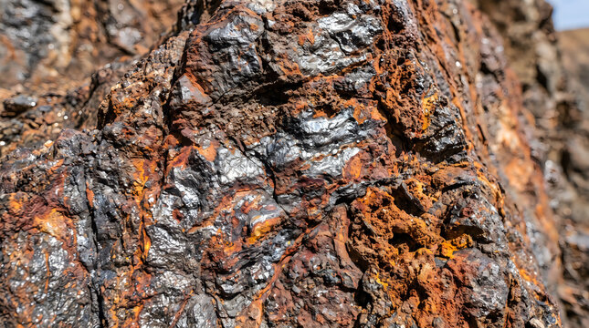 Natural iron ore mineral texture, raw metallic hematite rock surface, rusty brown and silver industrial stone background for mining industry