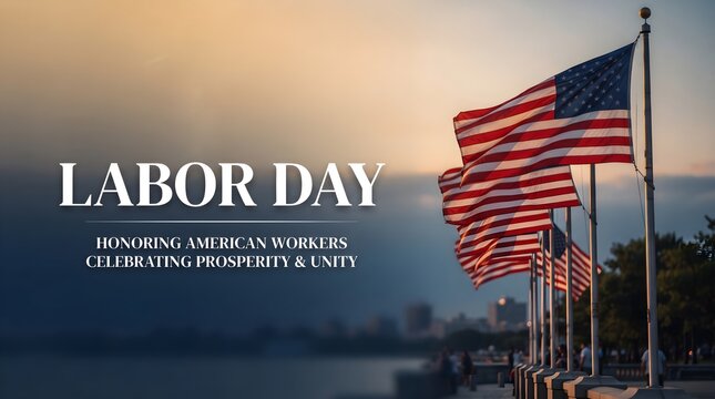 Labor day celebration background with american flags waving against a scenic sunset sky for holiday greeting cards
