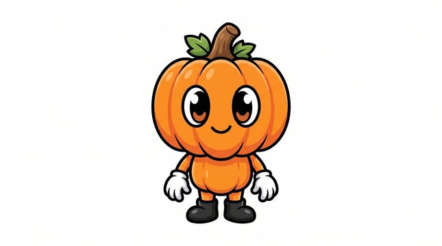 Cute chibi pumpkin cartoon character standing and smiling on white background