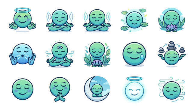 Set of Zen Meditation Character Icons Featuring Calm Green Circles in Yoga Poses and Spiritual Themes