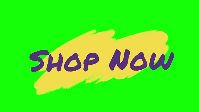 Shop Now text is displayed in a purple handwritten font placed over a yellow brush stroke graphic element set against a solid green screen backdrop for use in retail advertisements and social media.