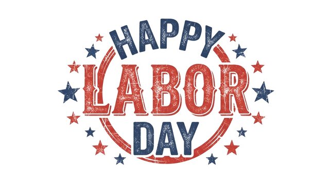 Happy labor day typographic design with patriotic stars and circular frame isolated on a white background