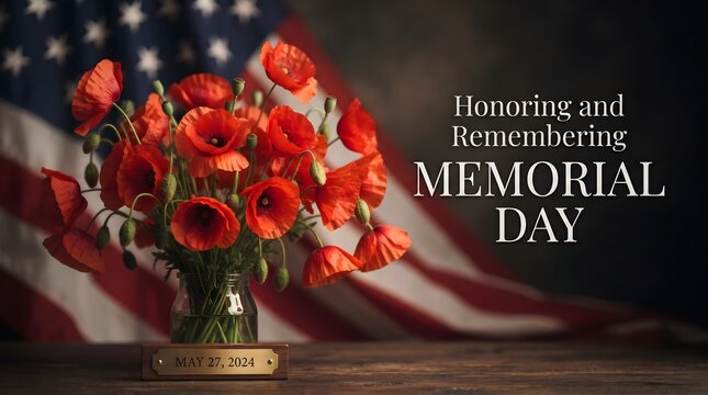 Patriotic red poppies bouquet with american flag for memorial day and labor day remembrance and celebration