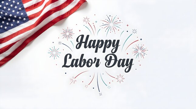 Happy labor day greeting card with a wavy united states flag on a clean white background