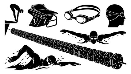 Fototapeta premium Swimming Vector Set with Swimmer Silhouettes, Starting Block, Swim Goggles, and Lane Line Icons