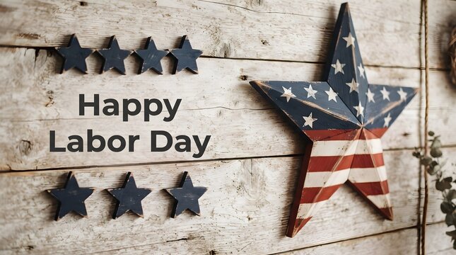 Rustic wooden background with metal patriotic stars and happy labor day text for holiday celebration