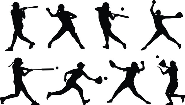 Female Softball and Baseball Players Silhouettes Set Batting Pitching and Catching Isolated