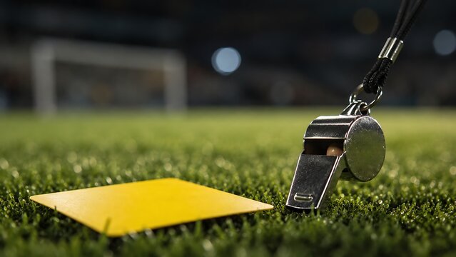 A close-up shot of a referee's whistle and a yellow card on a grassy soccer field at night.