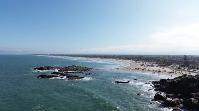 Praia da Saudade and city of Itanha&eacute;m. Sao Paulo, Brazil.