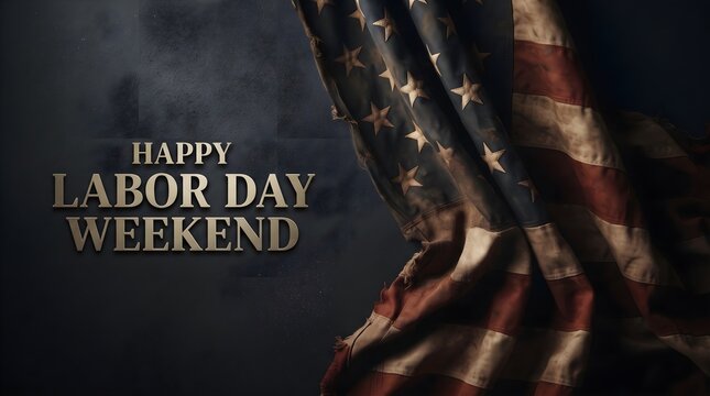 Happy labor day weekend greeting card with metallic gold text on a dark textured background