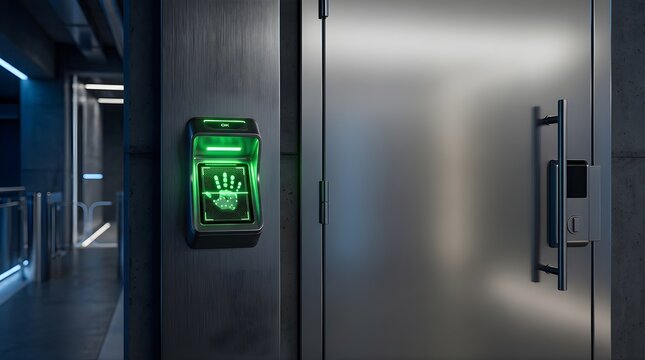 Biometric palm reader access control system on a modern metal office door