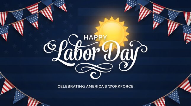 Happy labor day celebration background with bright sun and decorative american flag bunting hanging on dark blue