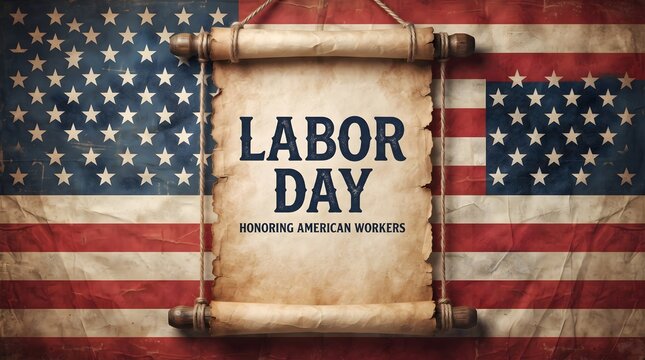 Vintage parchment scroll with labor day text displayed over a rustic american flag background for holiday celebrations