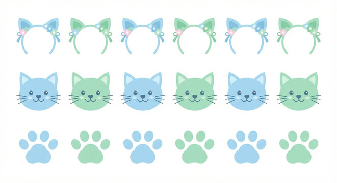 Cute cat icons and kitten headbands. Vector set of feline faces and paw prints for design.