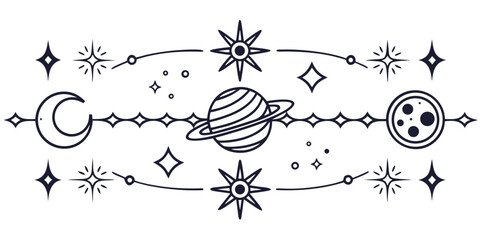 Celestial divider featuring a crescent moon, a ringed planet, and a full moon with stars on a white background © munna