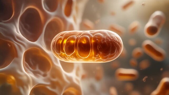Realistic healthy mitochondria inside a living cell with soft energy glow for biotechnology, healthcare education, medical presentations, scientific websites, and commercial content.