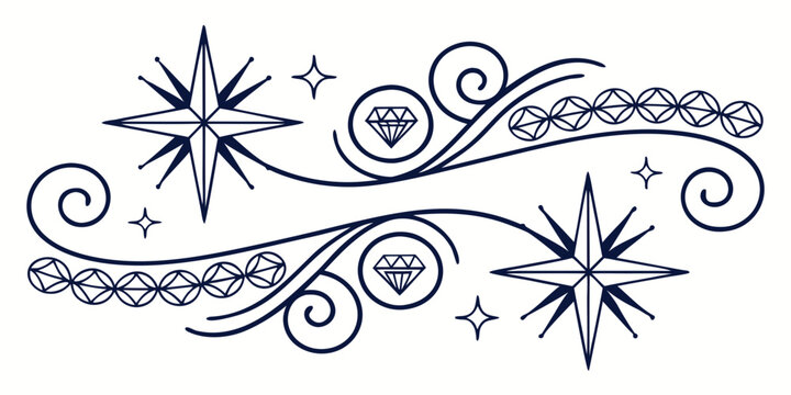 Celestial divider with large stars, diamond shapes, and swirling flourishes on a white background, line