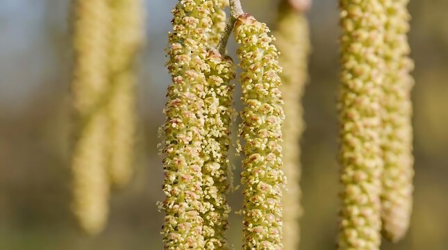 A close-up view of hazelnut tree catkins in spring shedding yellow dust, illustrating a pollen allergy snapshot in a natural outdoor park setting