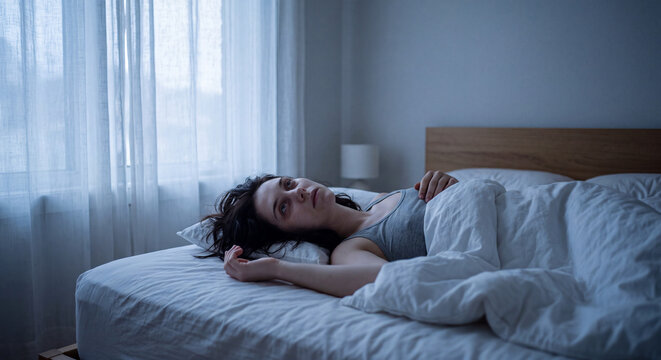 Young woman lying awake in bed at dawn staring at ceiling, suffering from insomnia, anxiety and mental exhaustion