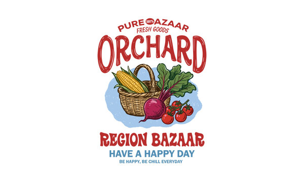 Vintage orchard region bazaar graphic with fresh vegetables in a basket illustration