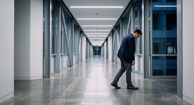 Stressed businessman walking down a long empty modern office corridor with head bowed down after business failure