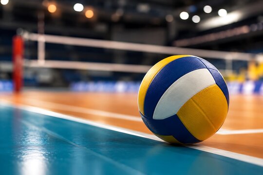 A close-up shot of a volleyball resting on the polished wooden floor of a sports arena, with the net and court blurred in the background.