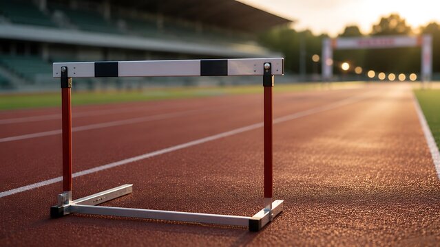A single hurdle stands on a red running track at a stadium during golden hour, with stadium seating visible in the background.