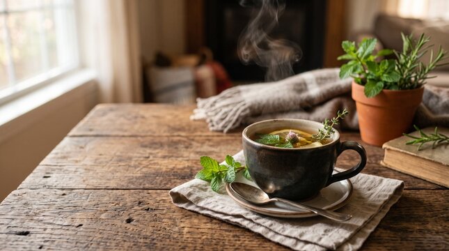Cozy Tea Moment: A steaming cup of herbal tea sits on a rustic wooden table, with a cozy blanket and a potted herb in the background, creating a warm and inviting atmosphere.