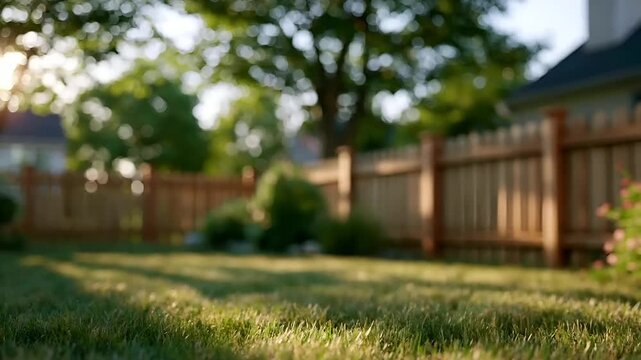 Summer hot vibe lifestyle. A vivid outdoor scene captured during the golden hour. The main subject is a lush green lawn with a wooden fence in the background. The sun casts a warm.