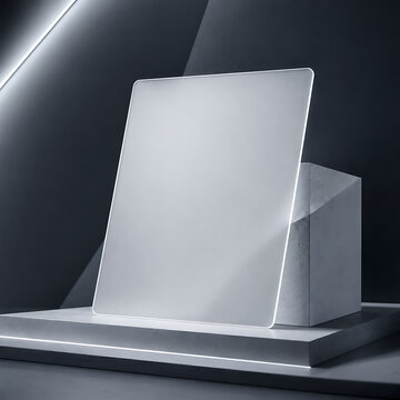 Blank frosted glass poster mockup on concrete podium with modern neon lighting for quote layout
