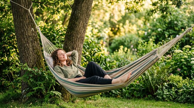 Serene Slumber in a Hammock: A woman finds ultimate relaxation, dozing peacefully in a comfortable hammock suspended between two trees in a lush, sun-dappled garden.