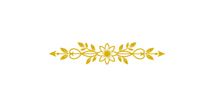 Golden floral ornament with leaves and arrows, elegant decorative divider element for invitations, cards, and stationery design isolated on transparent background