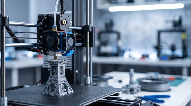 3D Printer Creating Miniature Eiffel Tower: A 3D printer meticulously crafts a detailed miniature replica of the Eiffel Tower, showcasing advanced technology and innovation in rapid prototyping.