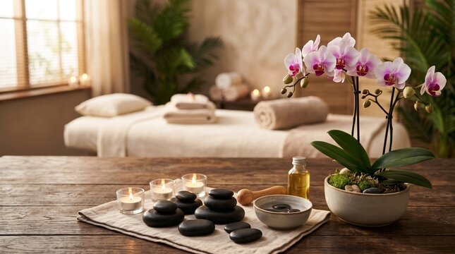 Serene Spa Sanctuary: A tranquil spa room adorned with orchids, candles, and hot stones evokes a sense of ultimate relaxation and rejuvenation.