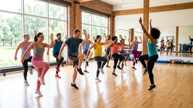 Dance Fitness Class: A group of energetic individuals participates in a dynamic dance fitness class, led by an instructor, in a spacious studio with large windows.