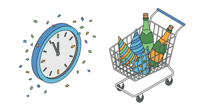 Isometric New Year's Eve Celebration Vector: Clock Approaching Midnight with Confetti and Shopping Cart Full of Champagne Bottles and Party Hats