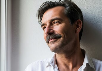 Obraz premium Handsome Mature Man With Mustache And White Shirt Looking Aside Near Window Light
