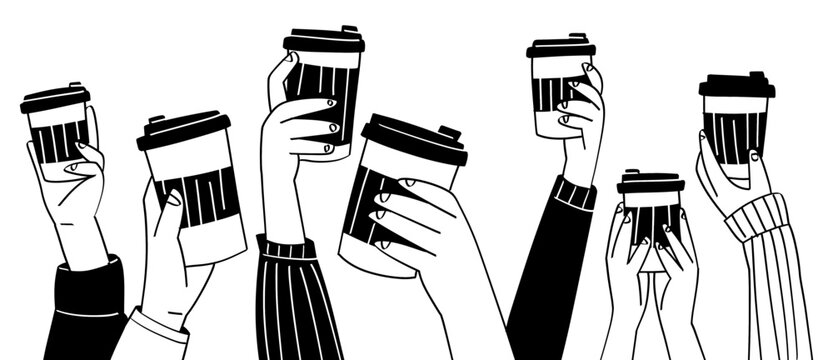 Vector illustration of diverse human hands holding paper coffee cups up in the air. For takeaway espresso paper cups, coffee break group concept, cafe banner, and packaging design.