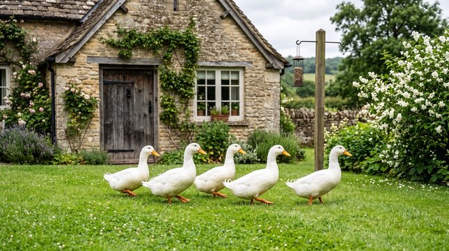 White Pekin Ducks on Green Lawn by Historic Stone Cottage