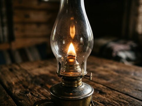 Vintage oil lamp with a glowing flame on a rustic wooden table.