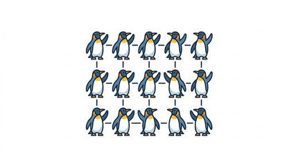 Colorful cartoon penguins in a grid pattern. © Anak