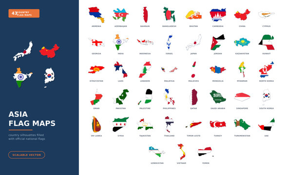 Asia Flag Maps Set - 43 country map silhouettes filled with national flags, vector collection