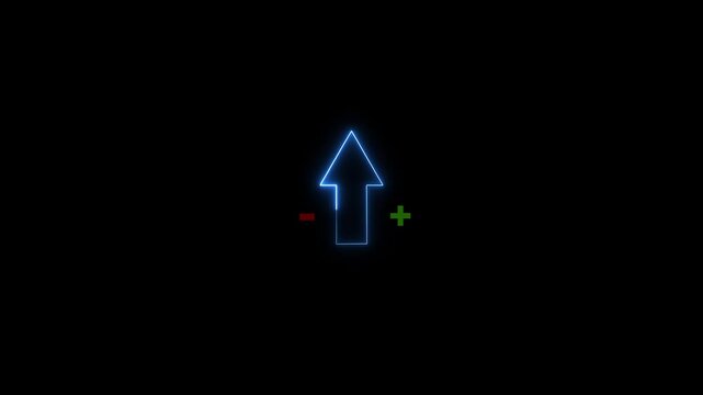 Glowing blue neon direction up arrow animated on black screen.Sweep arrow icon animation, upward and transparent swipe up pointing arrow icon 4k video with alpha chanel.