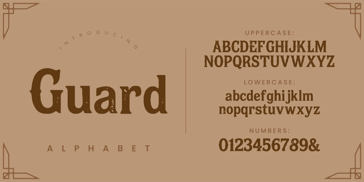 Guard western vintage slab serif alphabet font with old cowboy saloon style for rustic branding