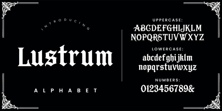 Lustrum vintage serif blackletter font for historical medieval branding and classic book titles