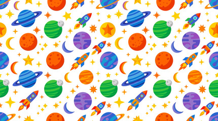Seamless Pattern With Colorful Space Planets and Rockets © Hanna