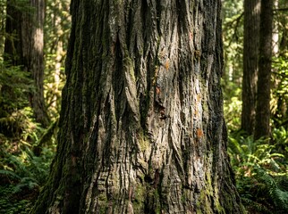 Fototapeta premium Close up of a large ancient tree trunk in a lush green forest with sunlight filtering through the leaves.