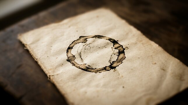 Close up of a coffee ring stain on old paper.
