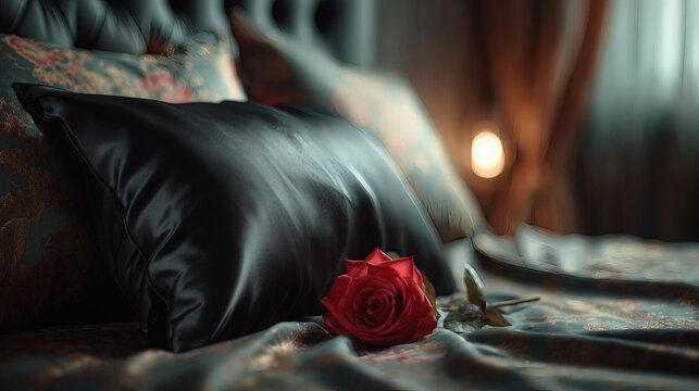 Single red rose on black satin bedding with soft lighting.