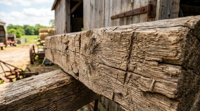 Close up of weathered wooden beam in front of rustic barn and farmland.